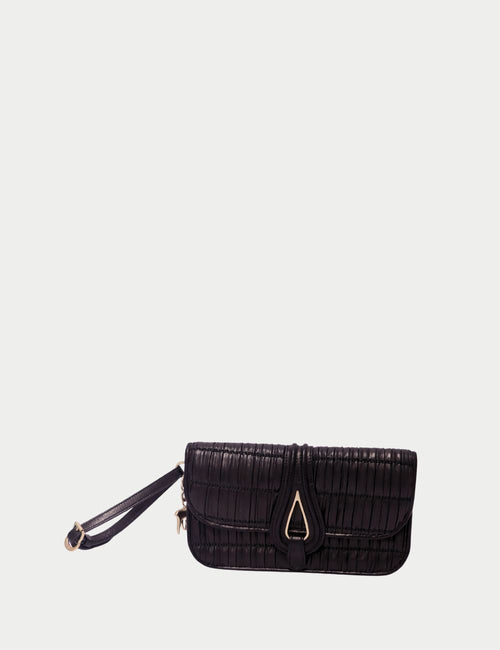 Bally black woven leather clutch wallet with wrist strap and silver-tone teardrop buckle closure