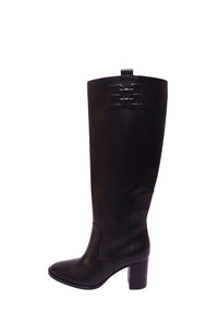 Bally black leather knee-high boots with embossed logo detail and block heel