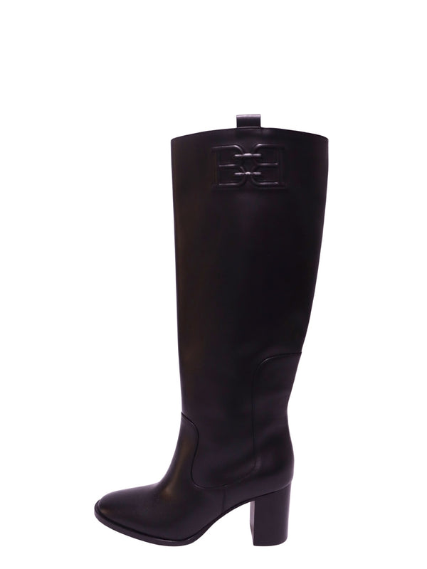 Bally black leather knee-high boots with embossed logo detail and block heel