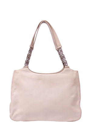 Bally off-white leather shoulder tote bag with silver-tone chain-link shoulder straps and a minimalist design.
