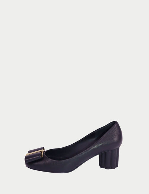 Black leather block-heel pumps by Salvatore Ferragamo featuring rounded toe, signature bow detail, and comfortable mid-height heel