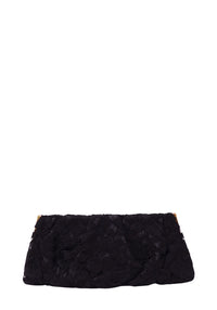 Dolce & Gabbana black structured evening clutch bag featuring intricate tonal floral lace embroidery, an elongated rectangular silhouette, softly curved lower edge and subtle gold-tone corner hardware