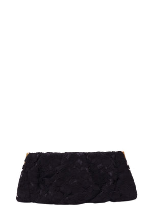 Dolce & Gabbana black structured evening clutch bag featuring intricate tonal floral lace embroidery, an elongated rectangular silhouette, softly curved lower edge and subtle gold-tone corner hardware