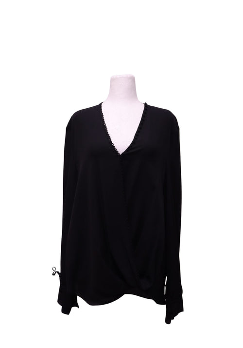 3.1 Phillip Lim black long sleeve blouse featuring a deep V-neckline with delicate looped trim, relaxed silhouette, asymmetric wrap-effect front, draped hem and cuff tie detailing