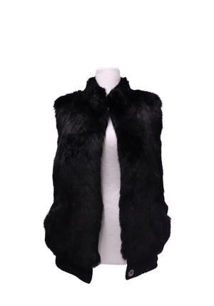 Inès & Maréchal black sleeveless fur vest featuring a plush fur exterior, raised collar, oversized front pockets and ribbed knit hem detailing