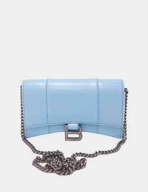 Balenciaga Hourglass light blue leather wallet on chain with metal B logo and gunmetal chain
