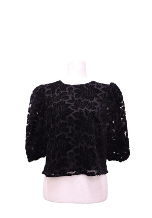 Ted Baker black cropped blouse featuring raised floral velvet burnout detailing, sheer mesh-effect fabric, round neckline, voluminous elbow-length puff sleeves and delicate floral-edged hem