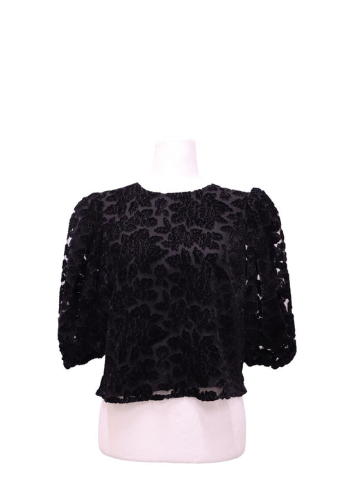 Ted Baker black cropped blouse featuring raised floral velvet burnout detailing, sheer mesh-effect fabric, round neckline, voluminous elbow-length puff sleeves and delicate floral-edged hem