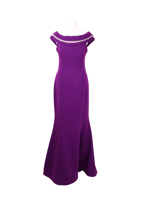 Favella purple off-shoulder evening gown with crystal trim neckline and fitted maxi silhouette