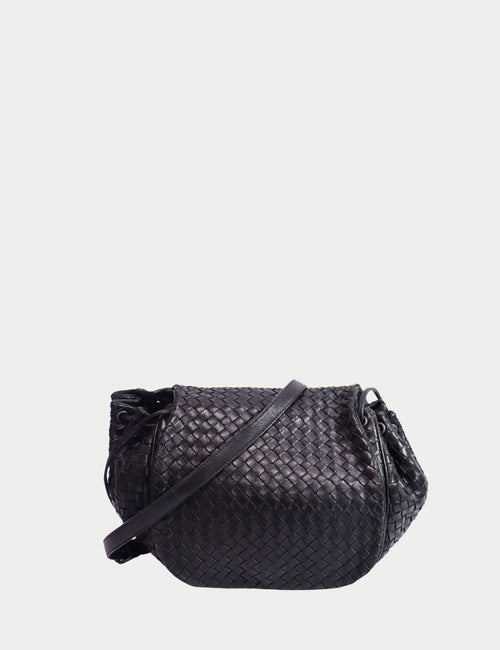 Bottega Veneta black Intrecciato leather shoulder bag with flap closure and crossbody strap