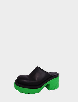 Bottega Veneta black leather clogs with neon green chunky sculptural platform sole

