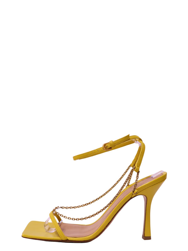 Authentic Bottega Veneta yellow leather heeled sandals with gold-tone chain detailing, square toe, and ankle strap.