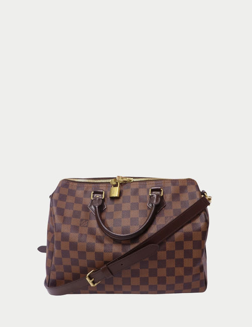 Louis Vuitton Damier Ebene Speedy bag in brown checkered canvas with leather top handles and gold-tone hardware