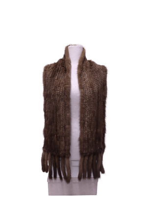 Brown knitted fur scarf with long fringe detailing, rich chocolate-brown tones and textured fur finish
