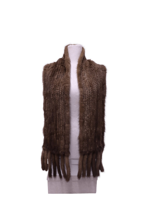Brown knitted fur scarf with long fringe detailing, rich chocolate-brown tones and textured fur finish
