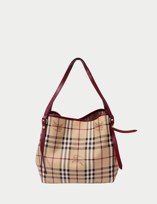 Burberry beige check tote bag with red leather trim and shoulder straps