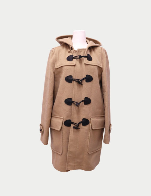 Burberry beige wool hooded duffle coat with toggle closures and front pockets