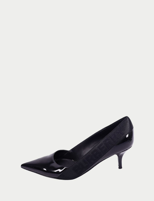 Burberry black patent leather kitten heel pumps with logo strap