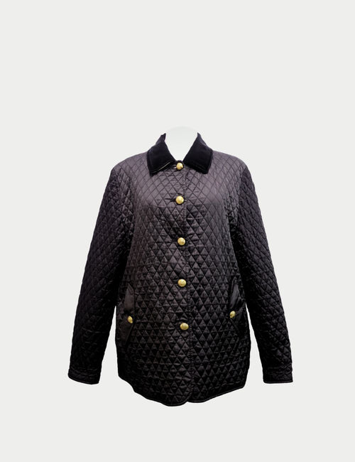Burberry black quilted jacket with gold buttons and velvet collar – women’s luxury outerwear