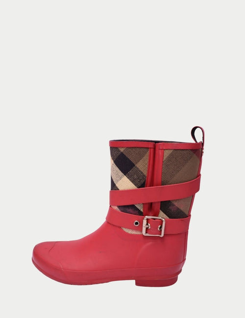 Burberry red rubber rain boot with House Check canvas shaft and buckle straps