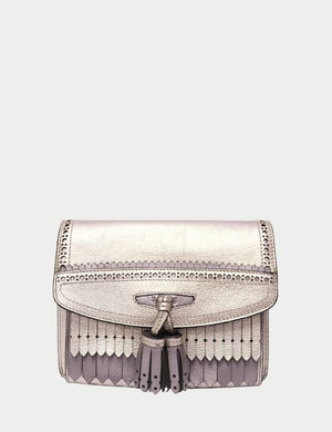 Burberry Silver Patterned Leather Shoulder Bag with tassel detail and perforated design