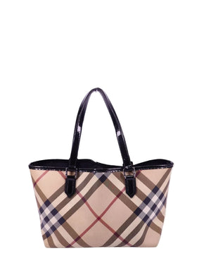 Burberry Nova Check coated canvas tote bag with black patent leather handles on neutral background
