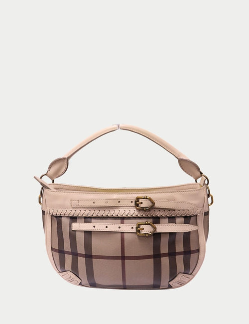 Burberry beige check shoulder bag with leather trim, gold buckle details