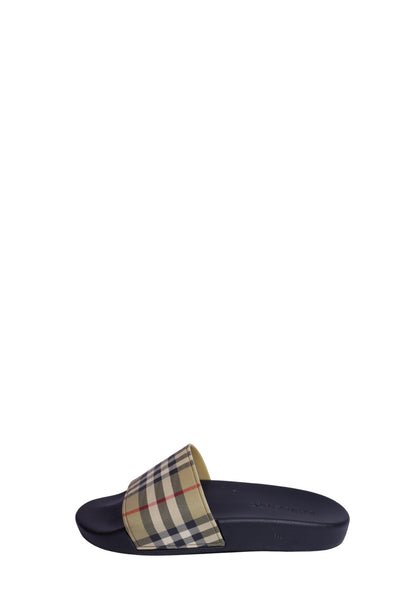 Burberry navy rubber slide sandal featuring the iconic beige Vintage Check strap and slip-on design.