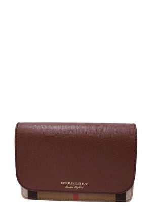 Burberry brown grained leather crossbody bag with Vintage Check detailing, flap front and slim leather shoulder strap