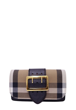 Burberry check mini shoulder bag with dark brown leather trim and gold-tone buckle