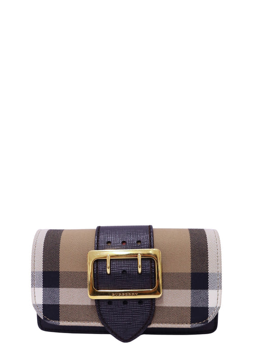 Burberry check mini shoulder bag with dark brown leather trim and gold-tone buckle