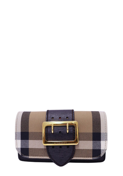 Burberry check mini shoulder bag with dark brown leather trim and gold-tone buckle