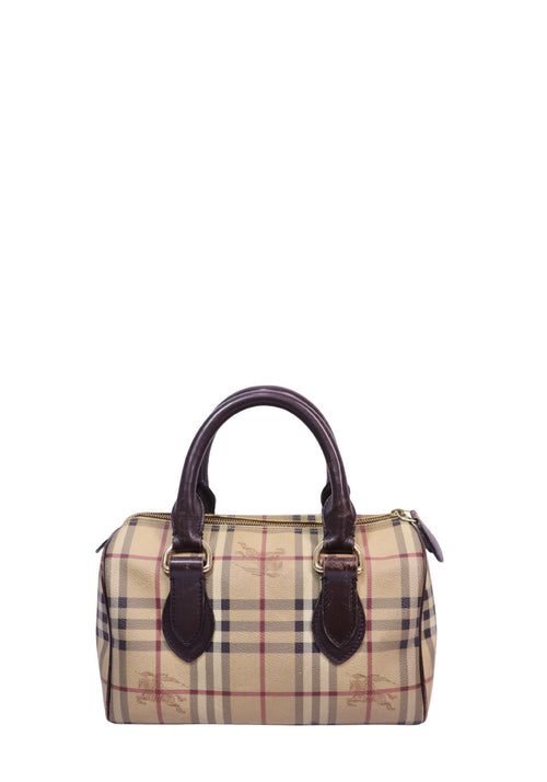 Authentic Burberry Haymarket check canvas and brown leather small Boston handbag with dual rolled handles.