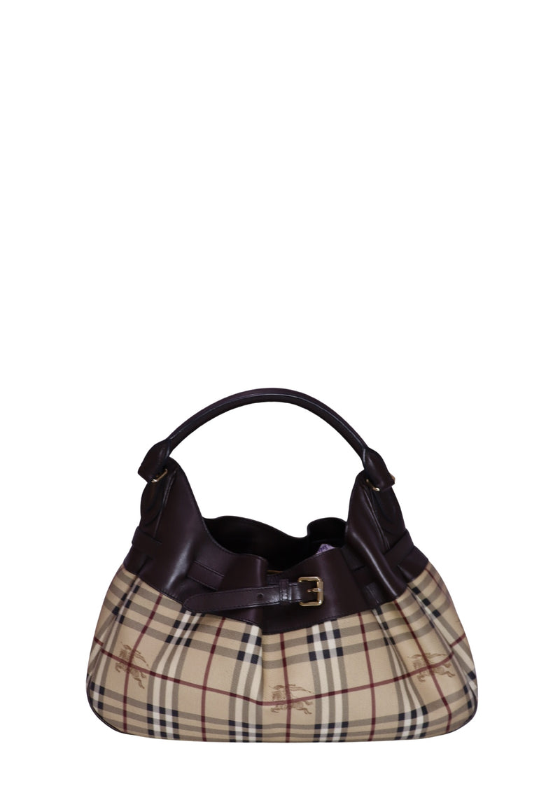 Burberry Haymarket Check hobo shoulder bag with dark brown leather trim, front buckle detail, and single shoulder strap.