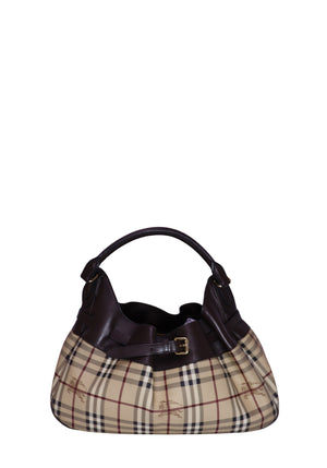 Burberry Haymarket Check hobo shoulder bag with dark brown leather trim, front buckle detail, and single shoulder strap.