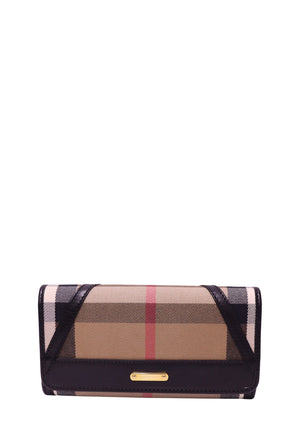 Authentic Burberry House Check beige coated canvas continental wallet with black leather trim and gold-tone logo plaque.