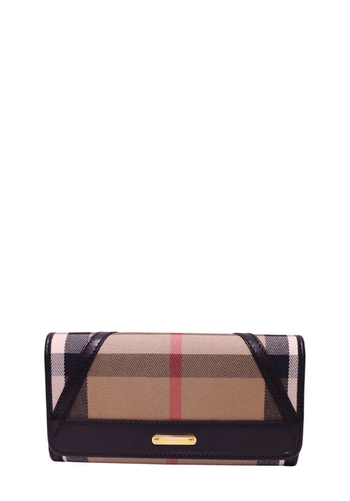 Authentic Burberry House Check beige coated canvas continental wallet with black leather trim and gold-tone logo plaque.
