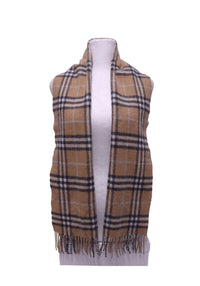 Burberry camel beige wool scarf featuring the signature black, cream and grey check pattern, soft brushed texture and twisted fringe detailing