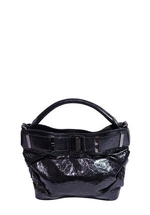 Authentic Burberry black patent leather hobo shoulder bag featuring a glossy crinkled finish, oversized buckle detail, silver-tone hardware, and a comfortable single shoulder strap