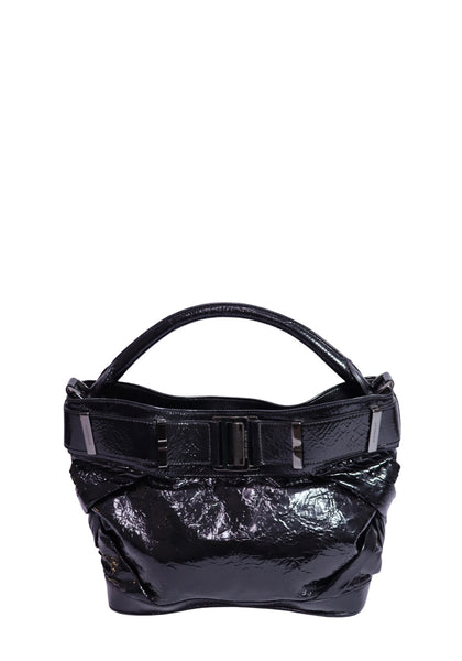 Authentic Burberry black patent leather hobo shoulder bag featuring a glossy crinkled finish, oversized buckle detail, silver-tone hardware, and a comfortable single shoulder strap