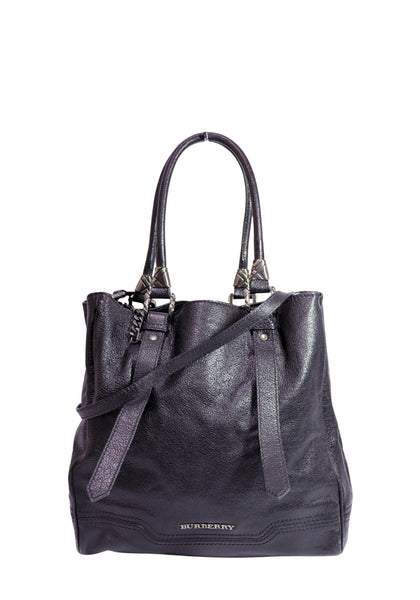 Authentic Burberry black pebbled leather shoulder tote bag featuring dual leather handles, silver-tone chain accents, signature hardware details