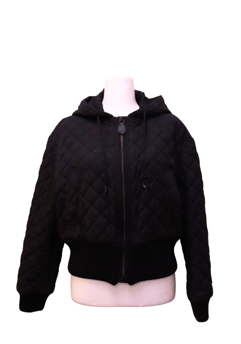 Burberry black diamond-quilted hooded bomber jacket with ribbed cuffs and hem