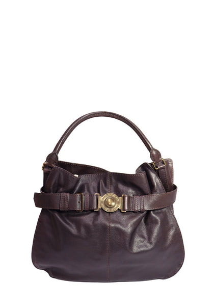 Authentic Burberry dark brown leather shoulder bag featuring a soft slouchy silhouette, dual rolled handles, signature antique gold-tone buckle hardware