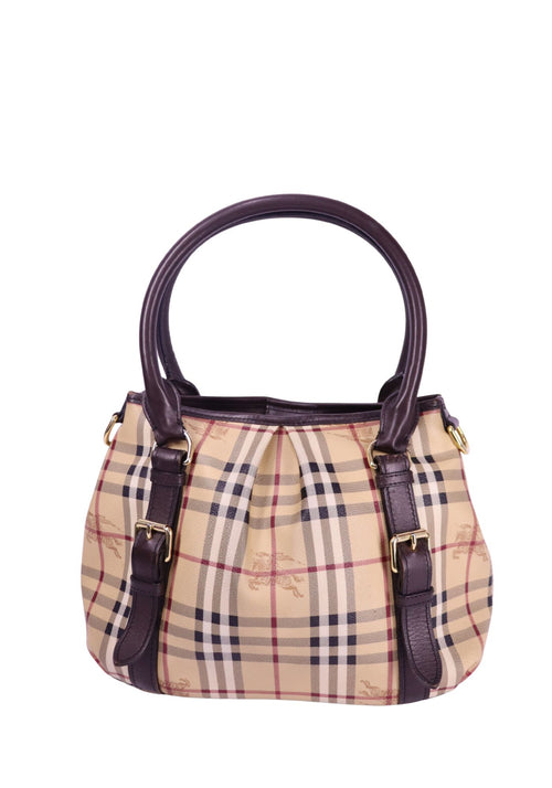 Burberry Haymarket check canvas shoulder bag with dark brown leather trim, buckle strap details, and gold-tone hardware