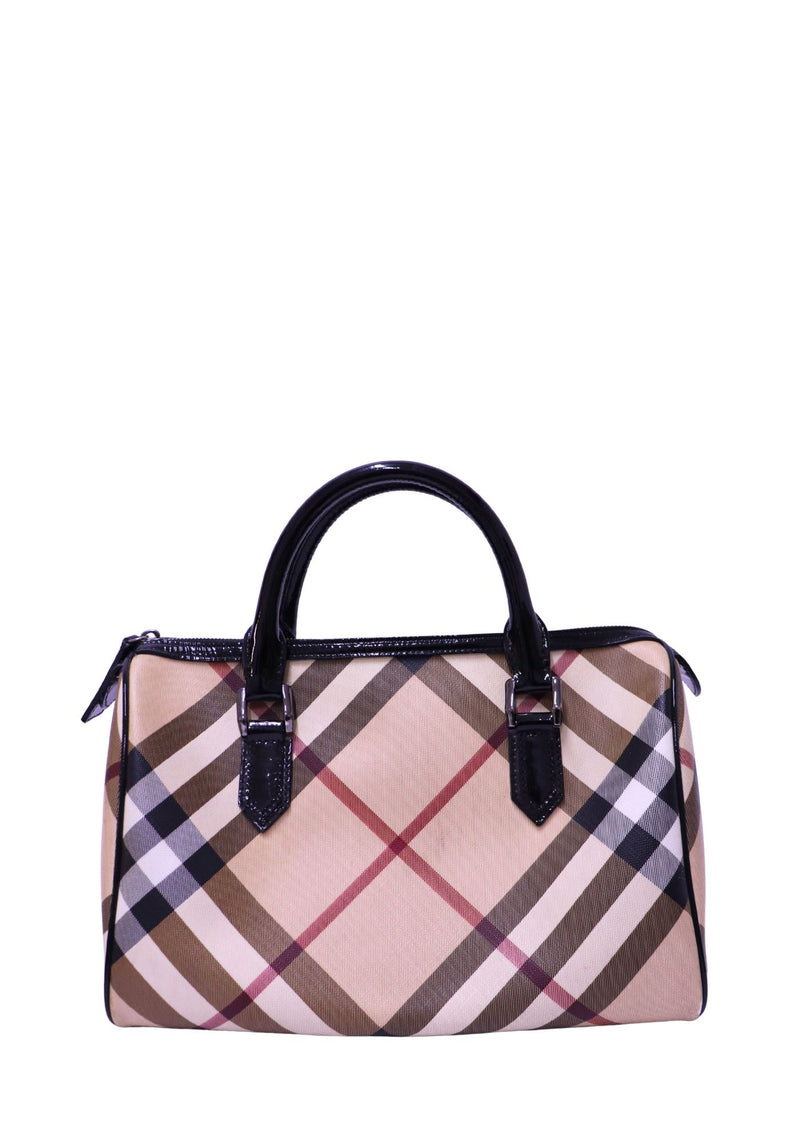 Burberry Nova Check canvas Boston bag with black patent leather handles and trim