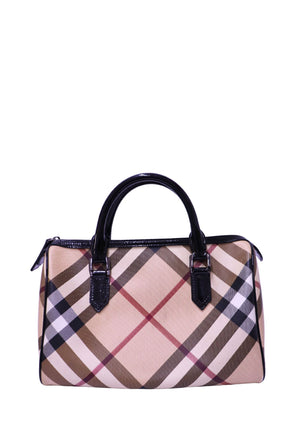 Burberry Nova Check canvas Boston bag with black patent leather handles and trim