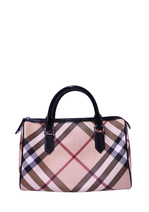 Burberry Nova Check canvas Boston bag with black patent leather handles and trim