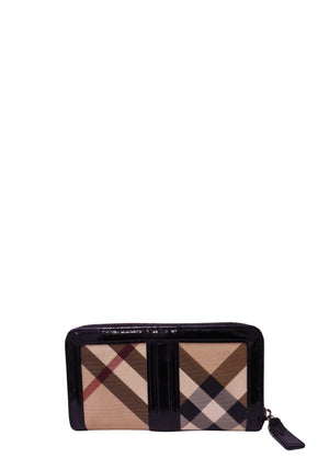Burberry Nova Check zip-around wallet with black patent leather trim