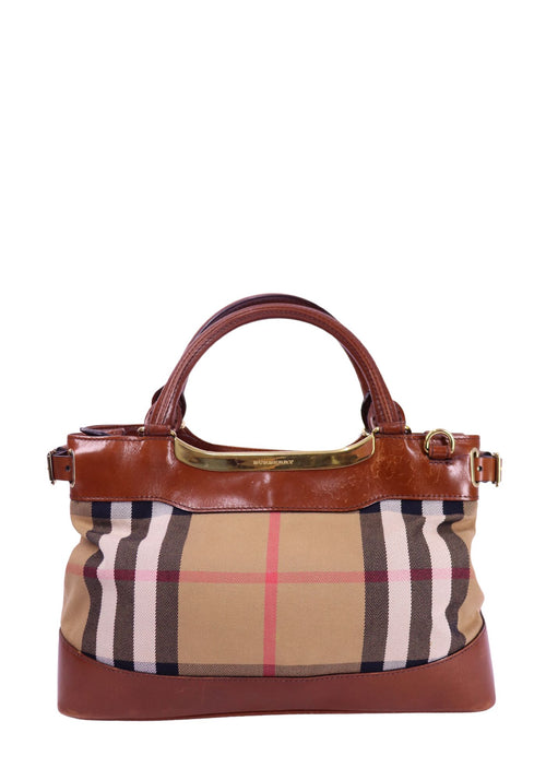 Burberry vintage check canvas tote bag with brown leather trim, structured top handle, gold-tone hardware, and classic Nova check pattern