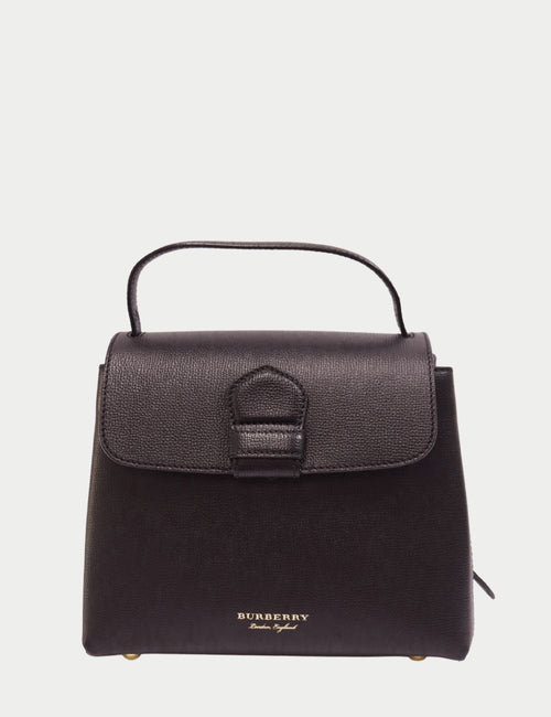 "Burberry black leather top handle bag with gold embossed logo and pebbled flap"


